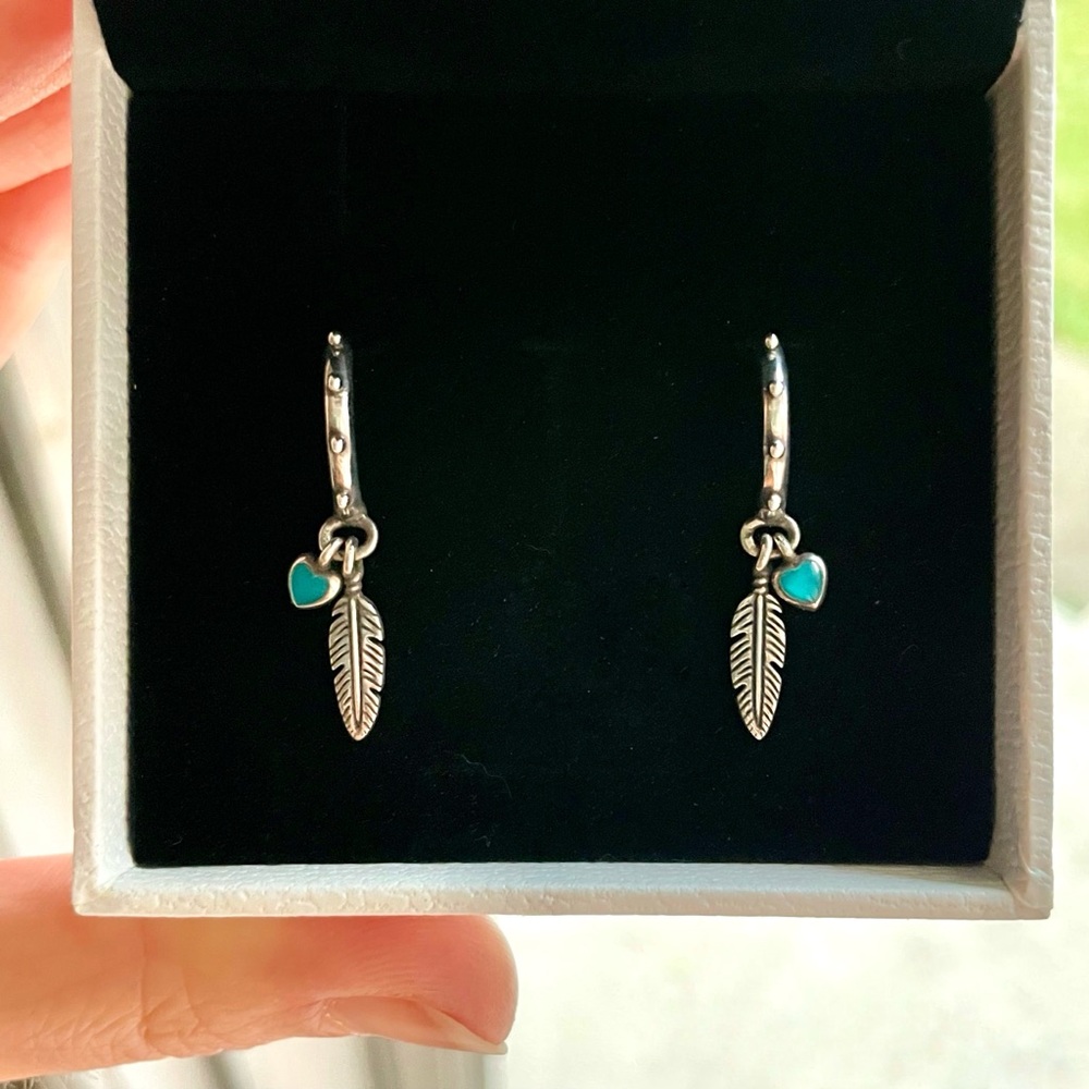 PANDORA Sterling Silver Hoop Earrings with Feather and Turquoise Heart Charm
